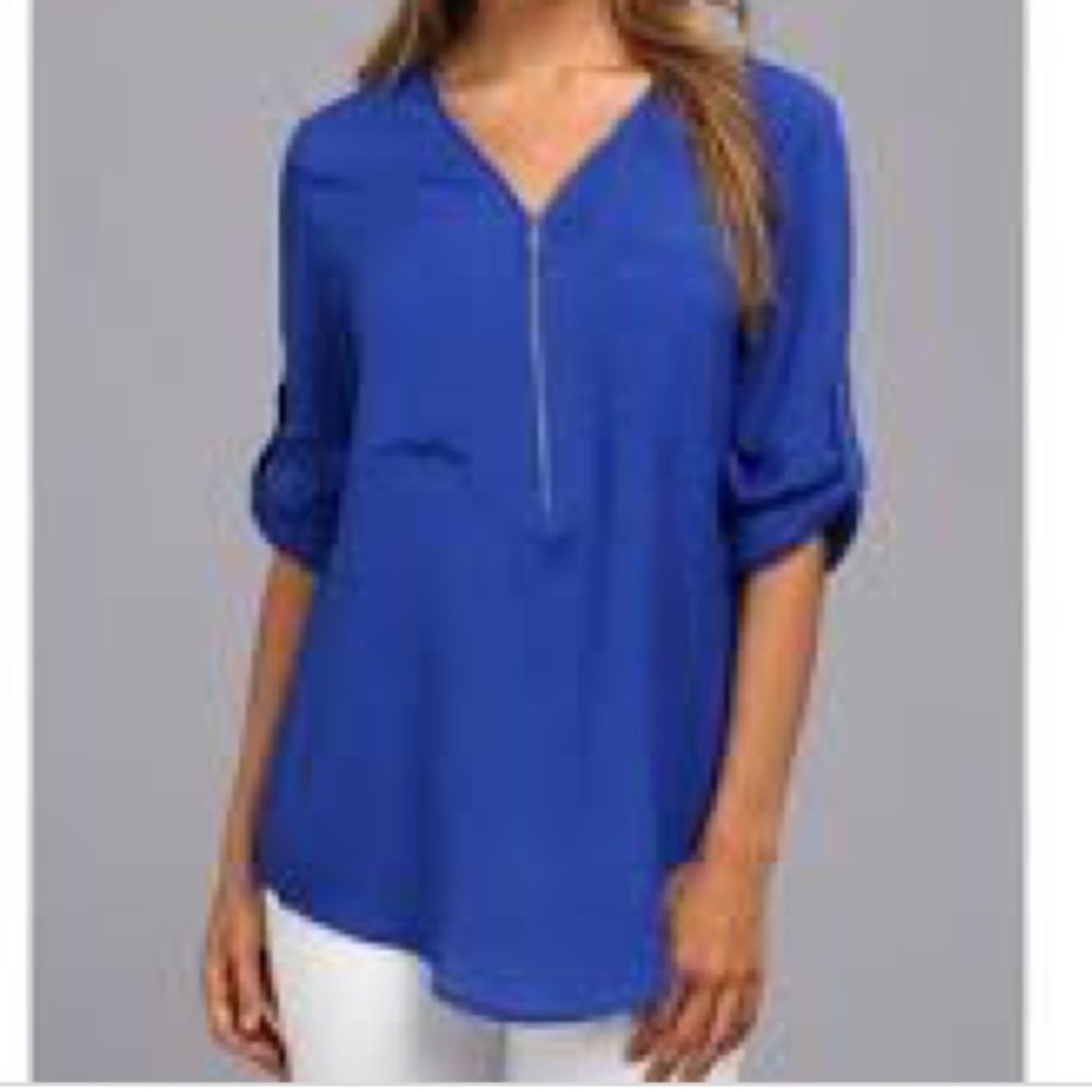 Calvin Klein zip v neck cobalt blue blouse  *NWT*
